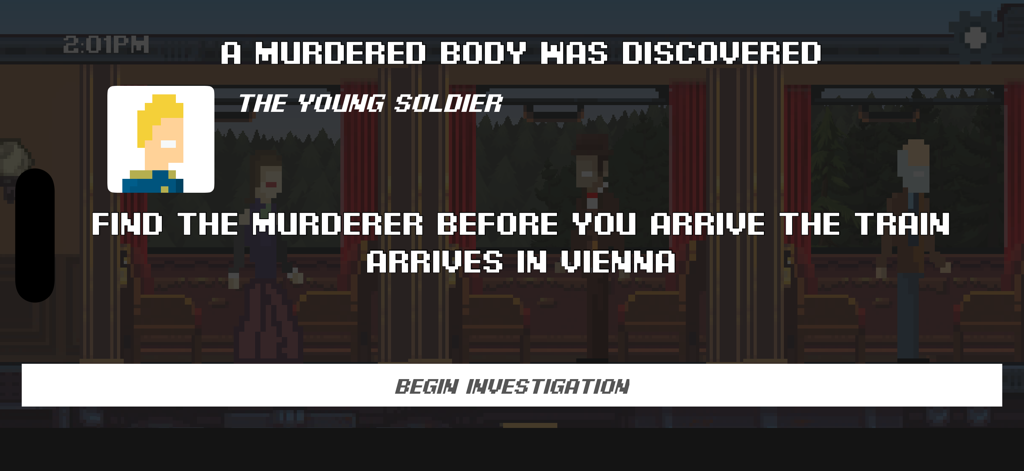 Pixel-Art-Spielbildschirm, der den Beginn einer Mordermittlung in einem Zug mit Charakteren im Hintergrund zeigt