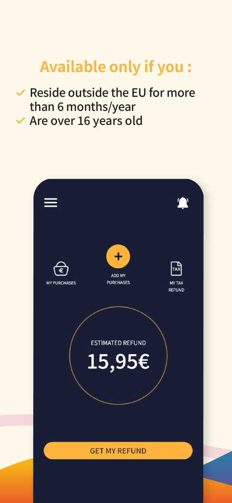 Savin Tax Free app interface showing eligibility requirements and an estimated refund of 15.95 euros