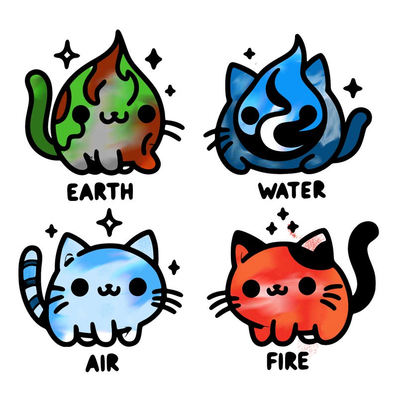 4 cats that represent the different elements, earth, water, air, and fire