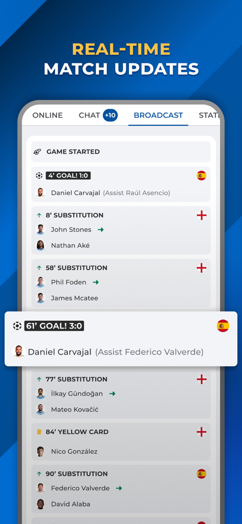 Madrid Live - For Real Fans - App Madrid Live che mostra aggiornamenti delle partite in tempo reale e avvisi di gol