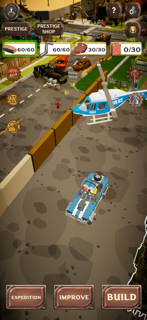 Apocalypse City Builder - Una vista cenital de una base de supervivencia fortificada con un coche azul y un helicóptero de policía en el juego de supervivencia en el páramo Constructor de Ciudades Apocalípticas