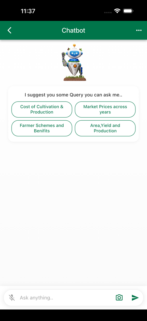 AP AGRI - AP AGRI mobile app chatbot screen showing suggested agricultural queries like market prices and farmer schemes