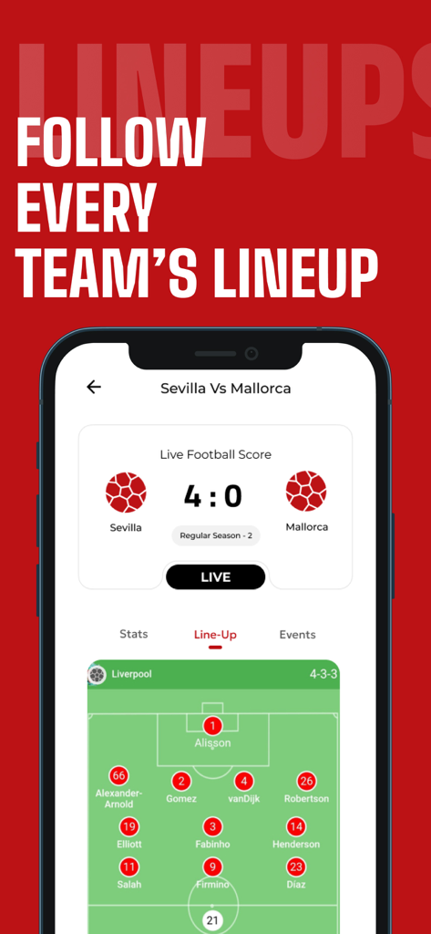 Tudo Football App - Tudo Football app interface showing a live match score and a tactical team lineup on a mobile screen.