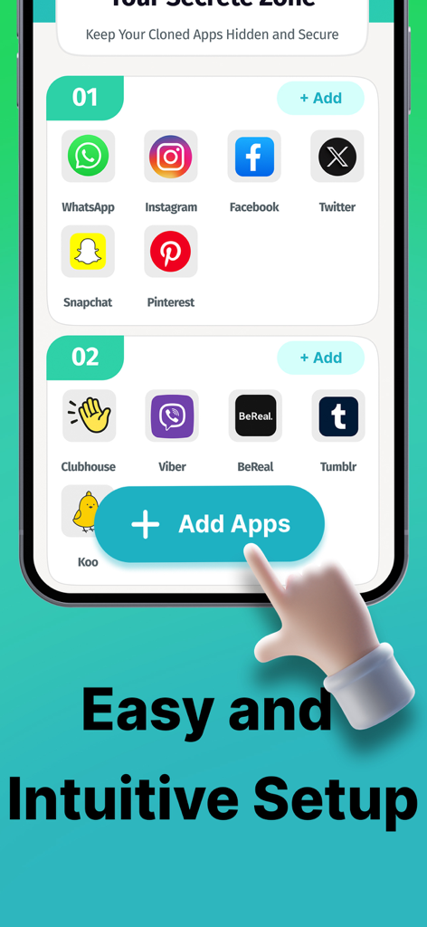 Clone Apps - Parallel Space - 쉬운 계정 관리를 위해 비밀 공간 내에서 WhatsApp 및 Instagram과 같은 다양한 소셜 미디어 앱 아이콘을 표시하는 사용자 인터페이스