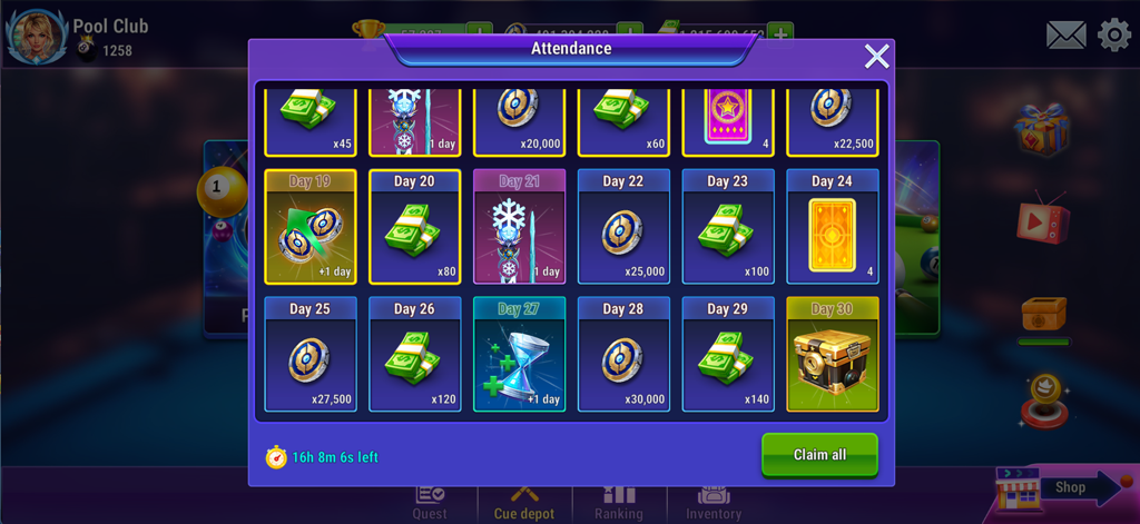 Pool Club: 8 Ball Billiards - Pantalla de recompensas de asistencia diaria en Pool Club 8 Ball Billiards mostrando varios premios por inicio de sesión.