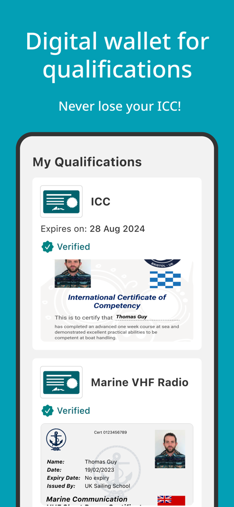 SailTies: Logbook GPS Tracking - SailTies app interface showing a digital wallet for sailing qualifications including verified ICC and Marine VHF Radio certificates