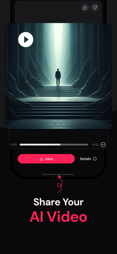 Video3: AI Video Generator - Video3 app interface showing a cinematic AI generated video and a share button