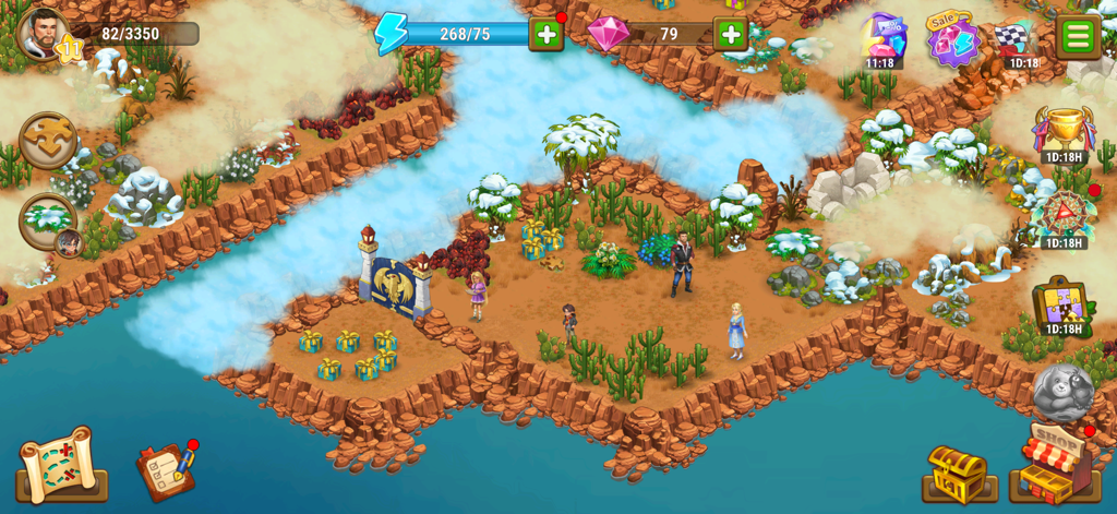 Ocean Whispers: Casual Game - Personajes parados en una isla desierta con un camino de energía azul en Susurros del Océano.