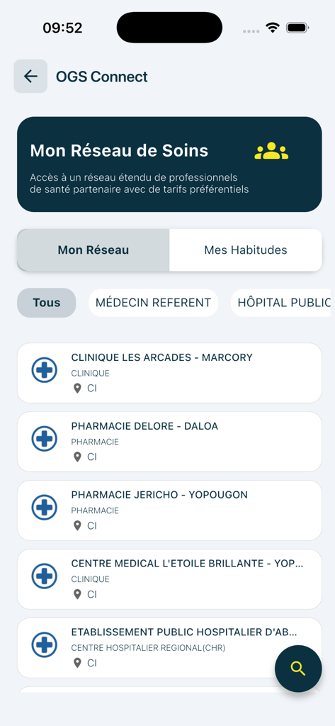 OGS Connect - Lista de clínicas e farmácias parceiras no aplicativo OGS Connect