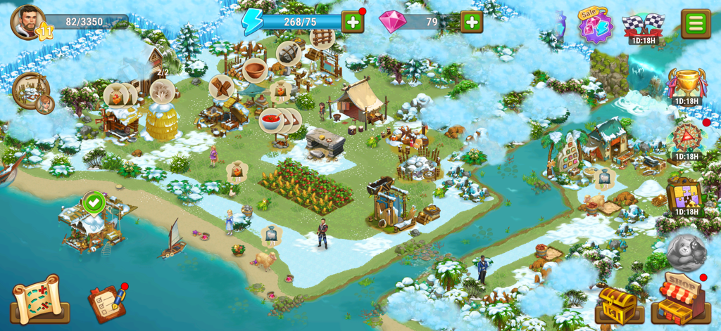 Ocean Whispers: Casual Game - Una vista cenital de un acogedor pueblo costero en Susurros del Océano que presenta áreas de cultivo y exploración de personajes