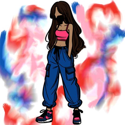 girl in baggy pants crop top and long hair