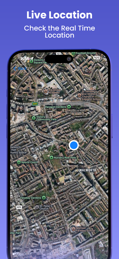 Satellitenkartenansicht, die den Echtzeitstandort des Benutzers in der Internet Speed Test App anzeigt