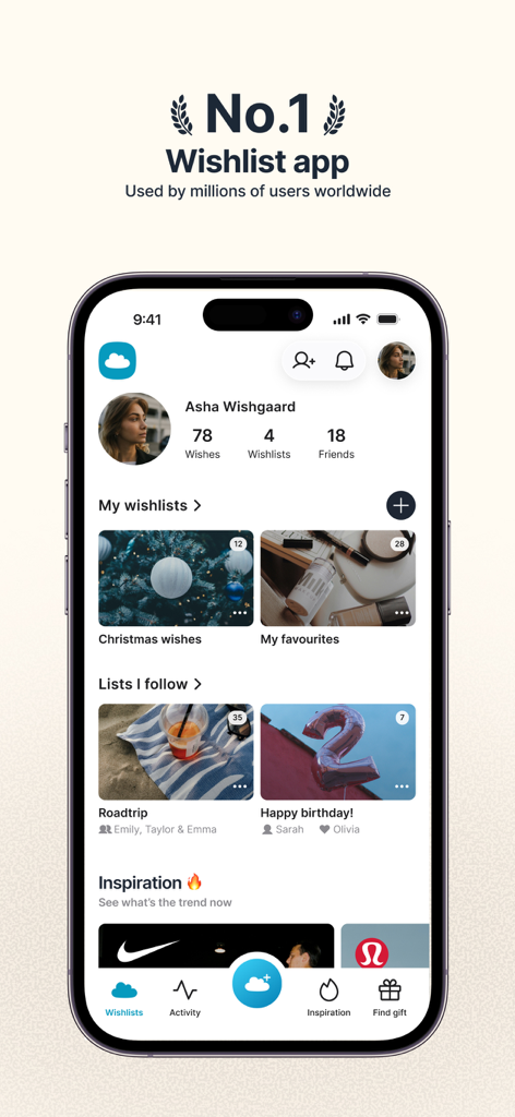 GoWish - Your Digital Wishlist - Écran de profil utilisateur de l'application GoWish affichant plusieurs listes de souhaits numériques