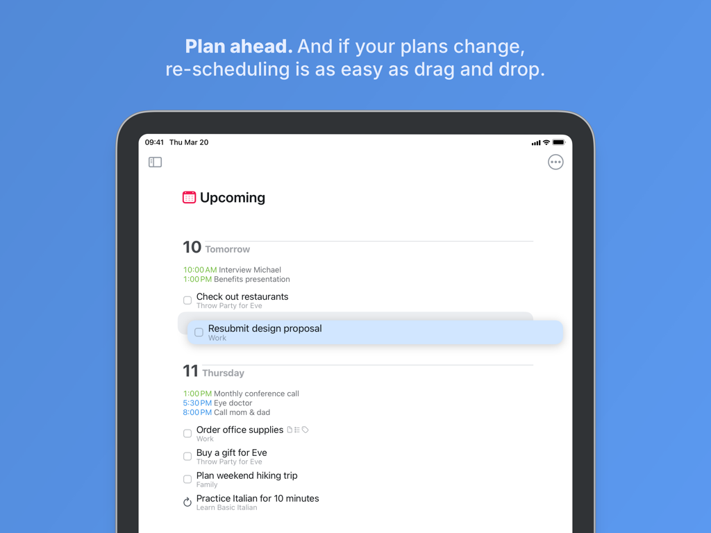 Things 3 pour iPad affiche la reprogrammation des tâches par glisser-déposer dans la vue À venir