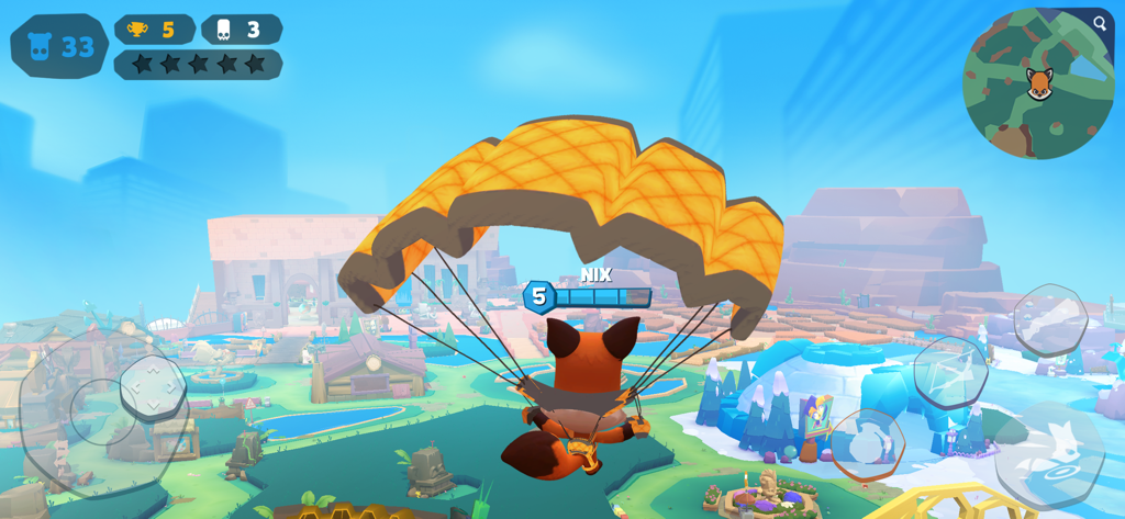 Zooba: Zoo Battle Royale Games - Nix the fox character parachuting into a colorful zoo arena in the Zooba battle royale game
