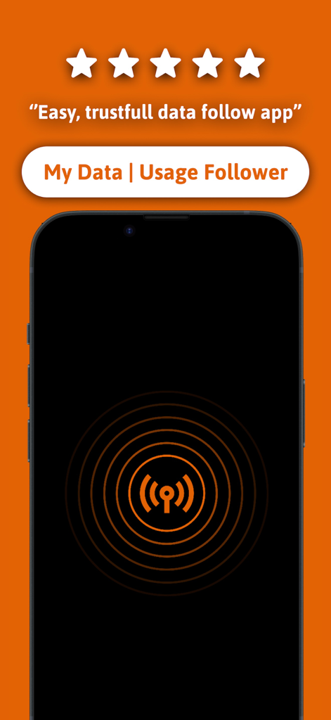 Calificación de cinco estrellas y testimonio de usuario para la aplicación My Data Usage Follower sobre un fondo naranja