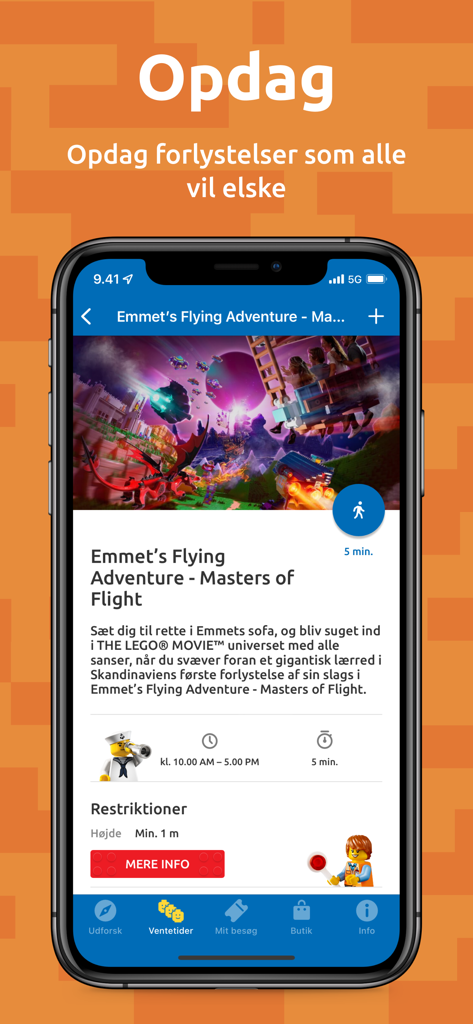 Ein Screenshot der LEGOLAND Billund App, der Fahrgeschäftdetails wie Wartezeiten und Größenbeschränkungen anzeigt