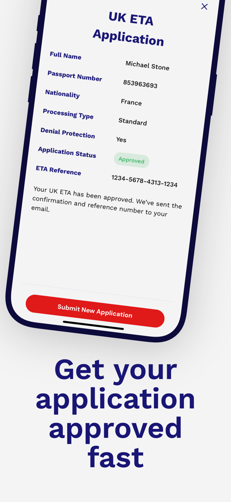 UK ETA Visa Services - Estado de solicitud de visa ETA del Reino Unido aprobada en la interfaz de una aplicación móvil