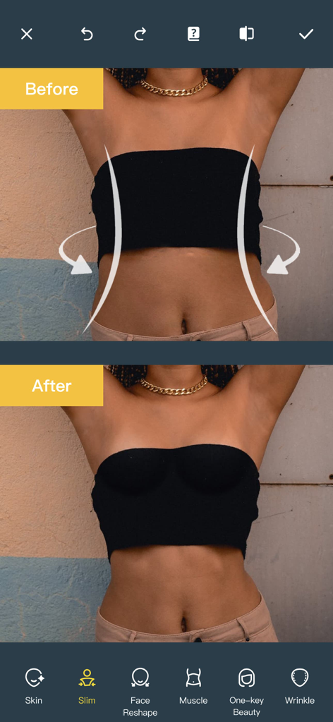 Comparación de antes y después de un retoque de adelgazamiento de cintura