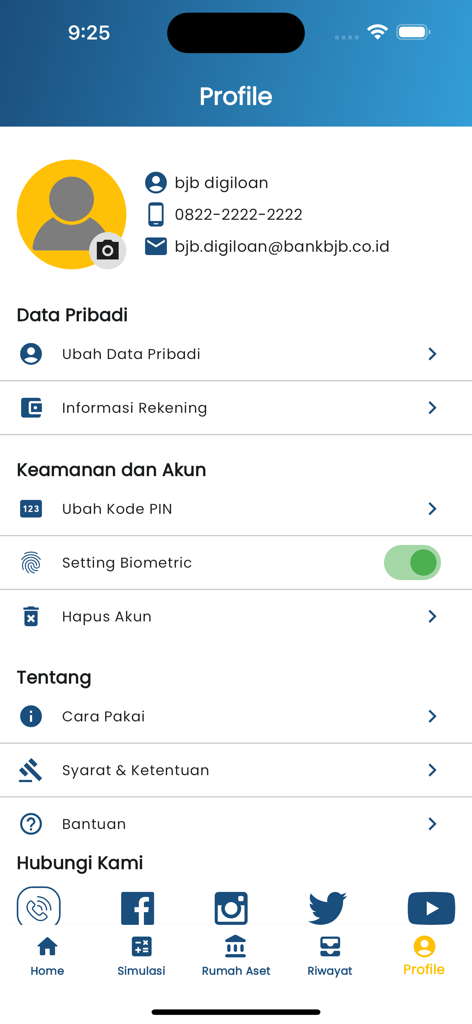 bjb DigiLoan app user profile screen showing account settings and contact information