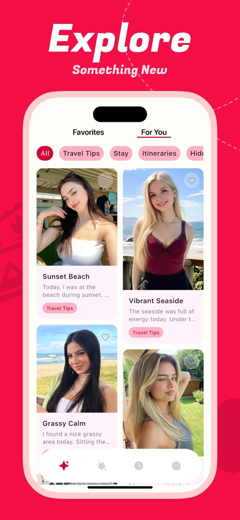 Buloo - The Explore screen of the Buloo app displaying a curated feed of travel photos paired with AI-generated diary entries like Sunset Beach and Vibrant Seaside