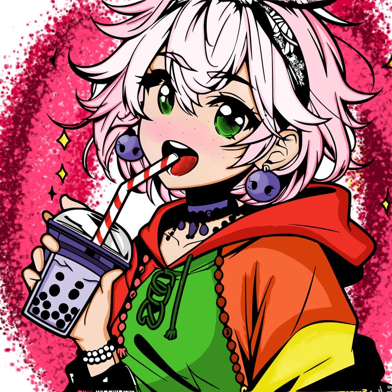 hot baddie anime girl drinking boba and biting the straw