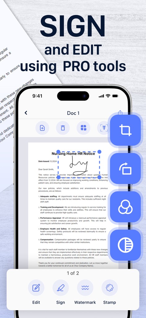 Uma interface móvel de um aplicativo de scanner PDF mostrando a assinatura digital e as ferramentas de edição em um documento