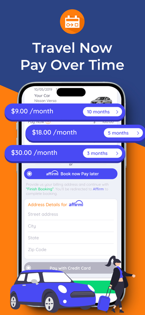 Carla - Cheap Car Rental Deals - Carla app screen showing travel now pay later rental options with Affirm integration