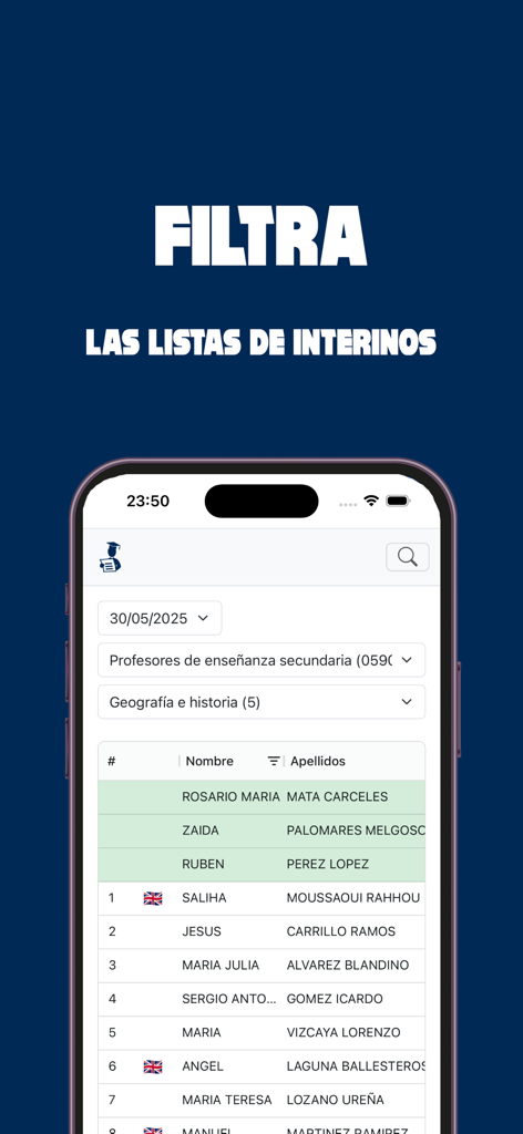 Bolsa Interinos CLM 2025/26 - Interface de l'application Bolsa Interinos CLM montrant une liste filtrée d'enseignants temporaires pour la période 2025-26.