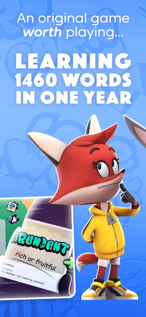 3D fox character in a yellow hoodie standing beside a vocabulary card for the word abundant