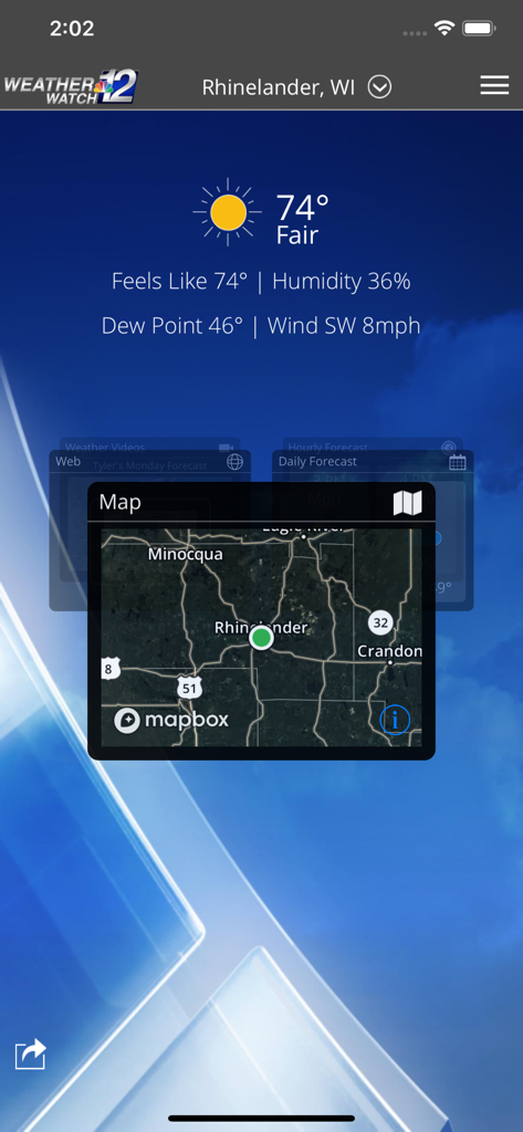 WJFW WeatherWatch 12 - WJFW WeatherWatch 12 app showing current weather and map for Rhinelander Wisconsin