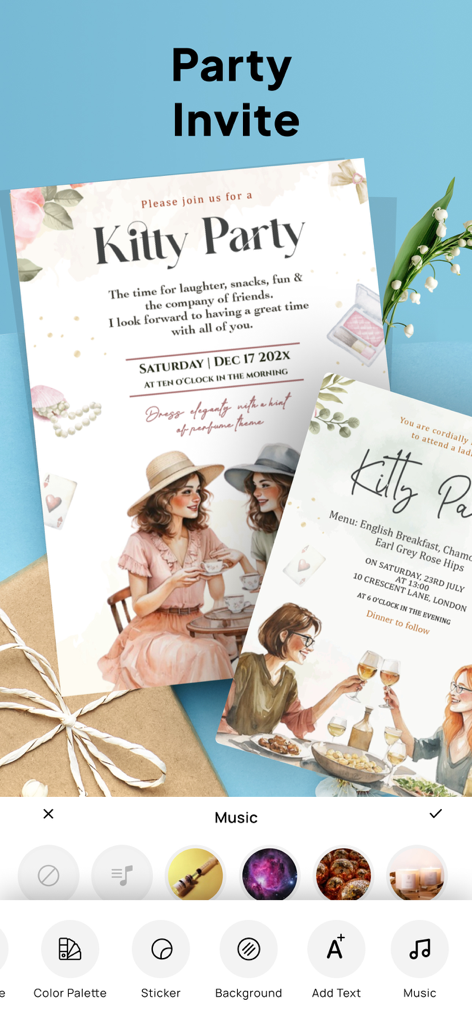 Mobile App-Oberfläche zur Erstellung von Party-Einladungen mit Aquarellvorlagen und Musik-Tools