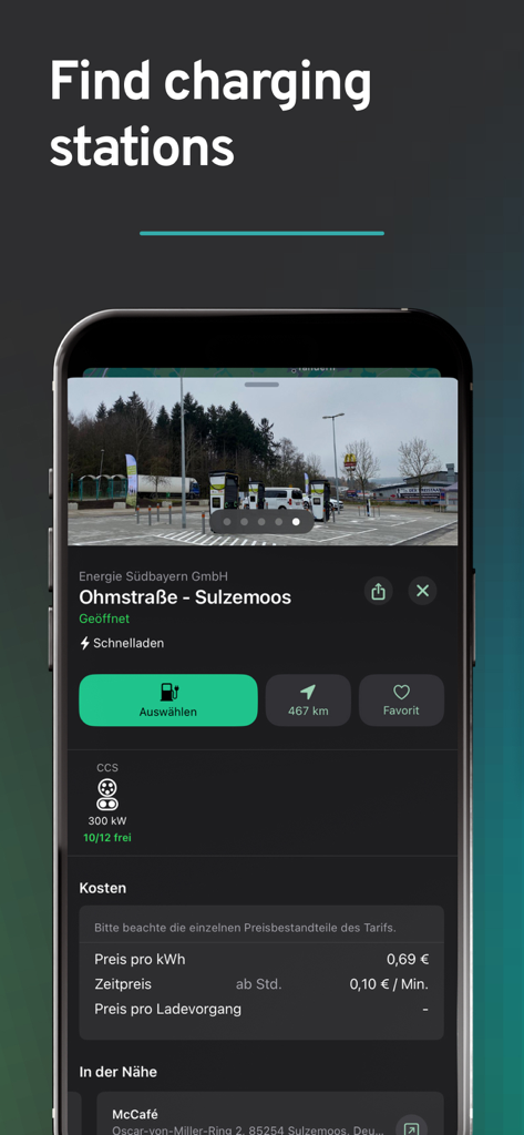 ladeapp – EV charging stations - A mobile interface of ladeapp displaying details for an electric vehicle charging station including live status, pricing per kWh, and charger availability.