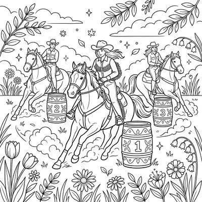 Saddle up for an exciting coloring adventure with our Spring Barrel Racers page! Capture the energy of rodeo athletes and their horses as they race through a vibrant spring landscape.