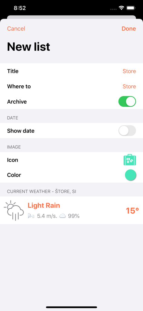 Bildschirm zum Erstellen einer neuen Packliste, der Zieldetails und lokale Wettervorhersage anzeigt