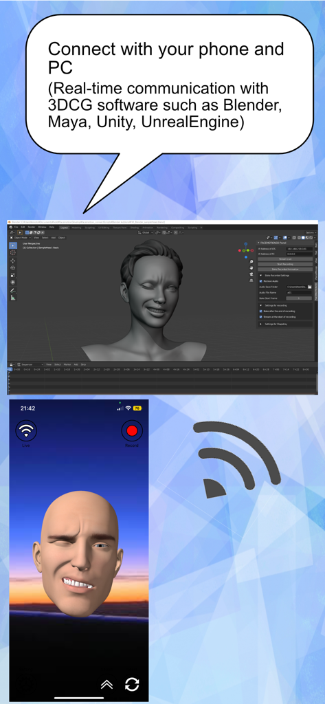 Real-time facial motion capture synchronization between an iPhone and 3D software on a PC