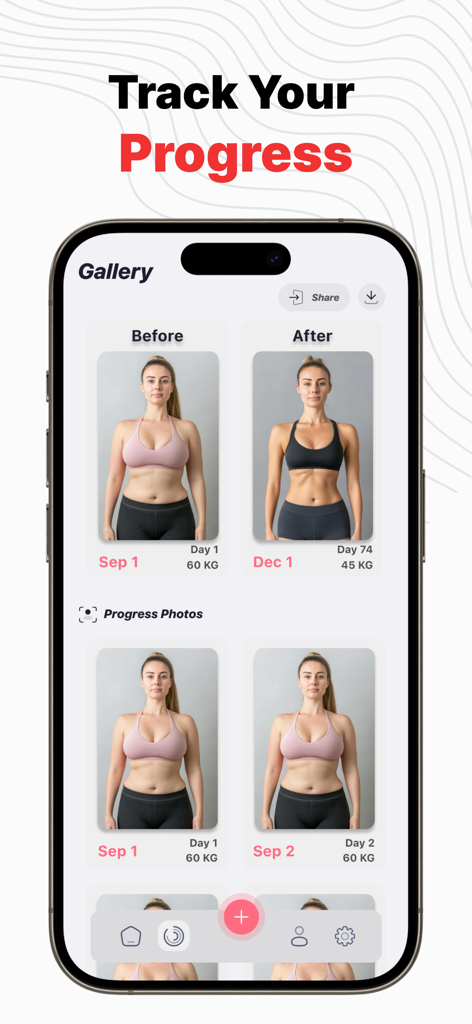 75 Soft : Habit & Goal Tracker - Gallery screen of the 75 Soft app showing before and after body transformation progress photos