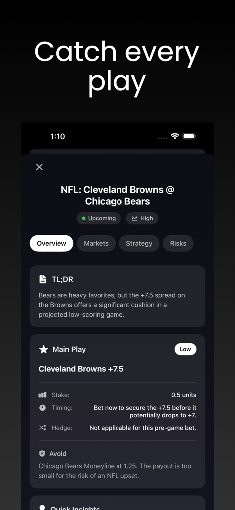 Betting AI : Sports Betting - Captura de pantalla de una aplicación móvil que muestra un análisis de apuestas de la NFL para los Cleveland Browns en los Chicago Bears con selecciones recomendadas, unidades de apuesta y evaluación de riesgos.
