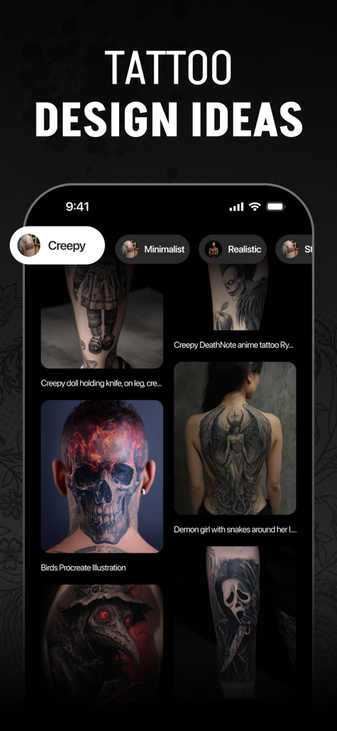 不気味、ミニマリスト、リアルなどのカテゴリがあるタトゥーデザインのギャラリーを表示するTattoo AIアプリインターフェイス