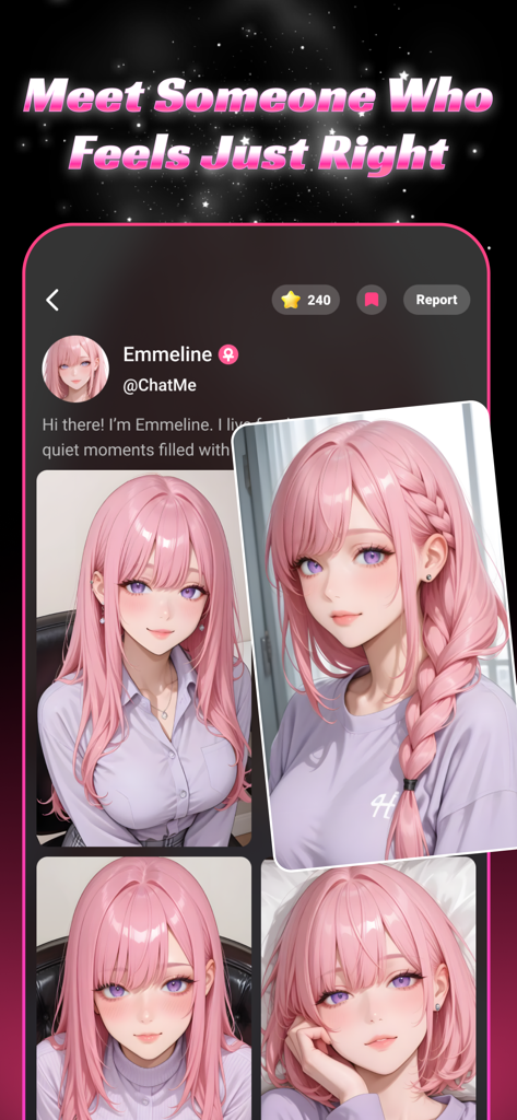 Ein Screenshot der Imagia-Chat Me und Art App, der ein KI-Anime-Begleiterprofil mit pinken Haaren zeigt