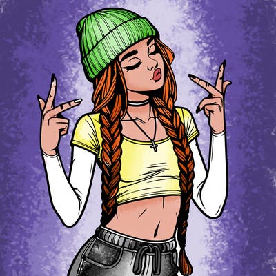 realistic teenage girl with braids and a beanie and crop top doing 🫶🏼