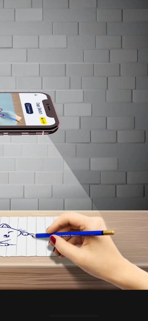 AR Drawing _ Draw Sketch App - Une main traçant un croquis de chat sur du papier à l'aide d'un smartphone avec une application de dessin RA pour guidage.