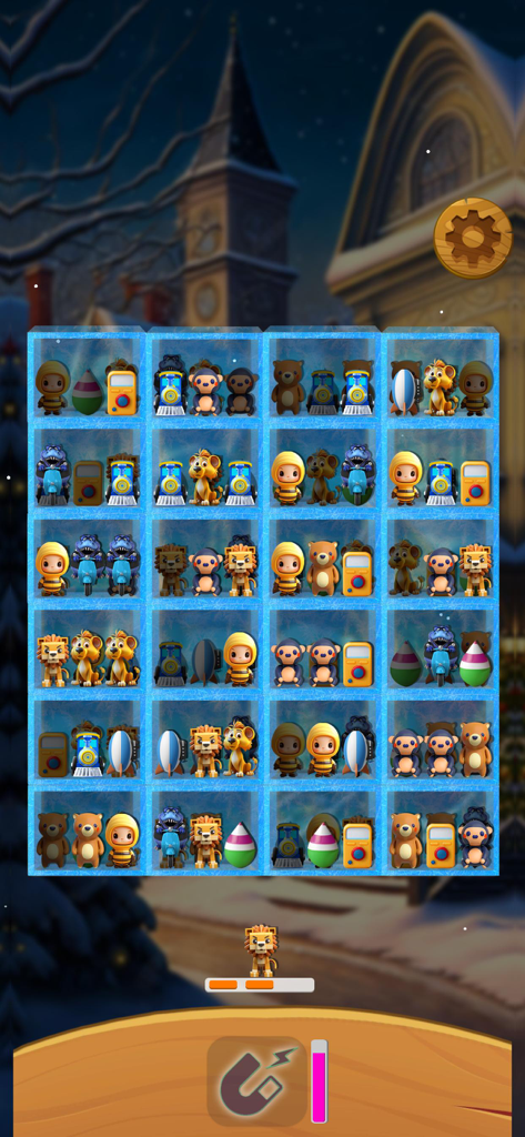 마트 정리 게임 플레이로, 장난감 사자와 곰이 선반에 정리되는 퍼즐 레벨을 보여줍니다.