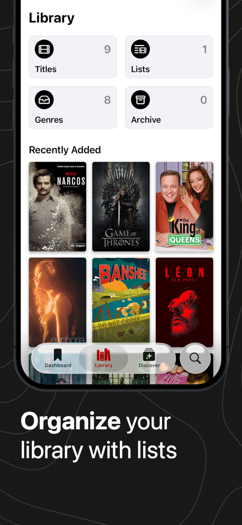 Showdown - TV & Movie Tracker - The Showdown app library interface showing movie and TV show collections organized by titles, lists, and genres.