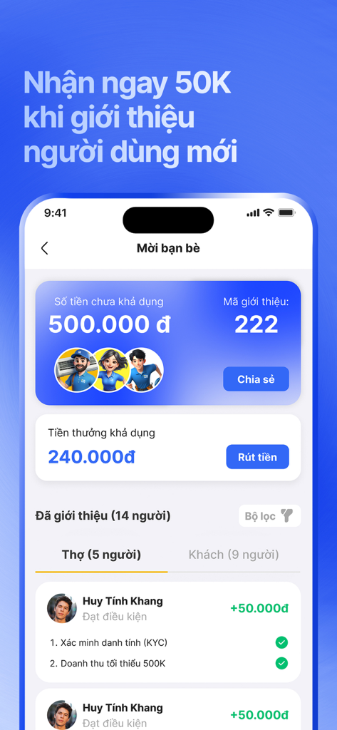 A screenshot of the Vua Tho app referral screen showing reward balances and a list of invited users in Vietnamese.