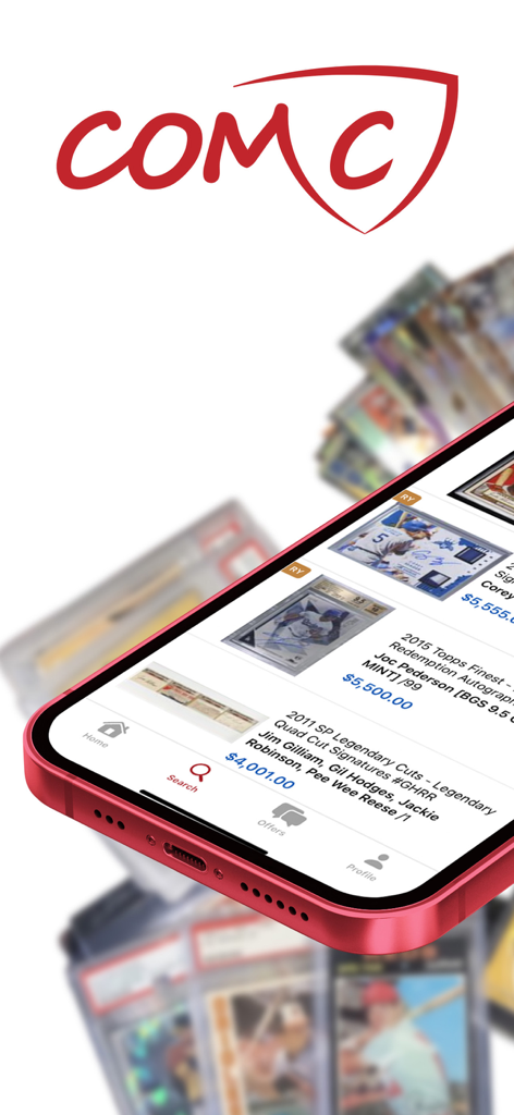 COMC - Check Out My Cards - COMC app on a smartphone displaying high-value sports trading card listings and prices.