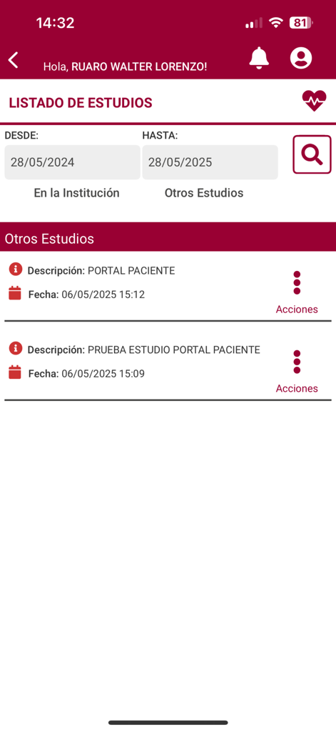 Mi Penta Virtual - Pantalla de la aplicación móvil que muestra una lista de resultados de pruebas médicas y filtros de fecha.