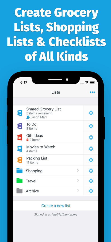 AnyList: Grocery Shopping List - AnyListアプリのインターフェース。共有買い物リスト、ToDoリスト、買い物チェックリストのカテゴリが表示されています。