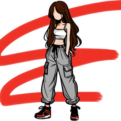 girl in baggy pants crop top and long hair