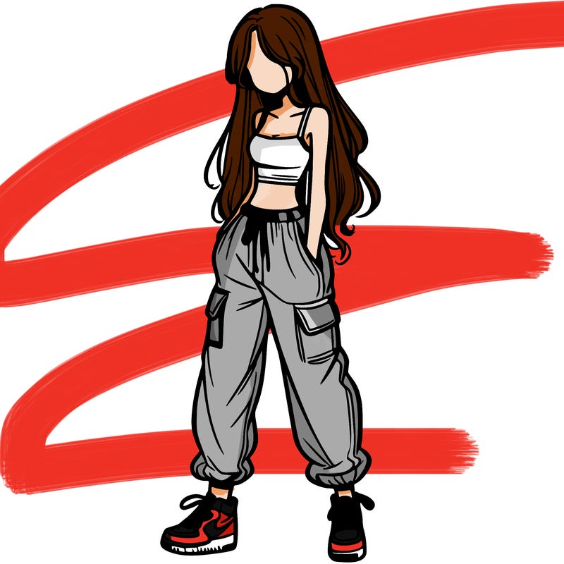 girl in baggy pants crop top and long hair